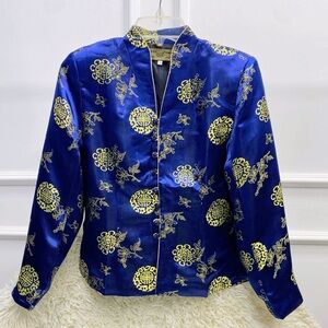 Elegant Blue and Gold Women's Brocade Jacket